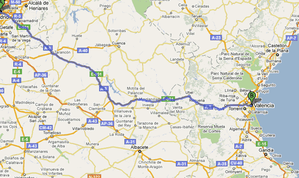 Ruta para portes y mudanzas Madrid hasta Valencia
